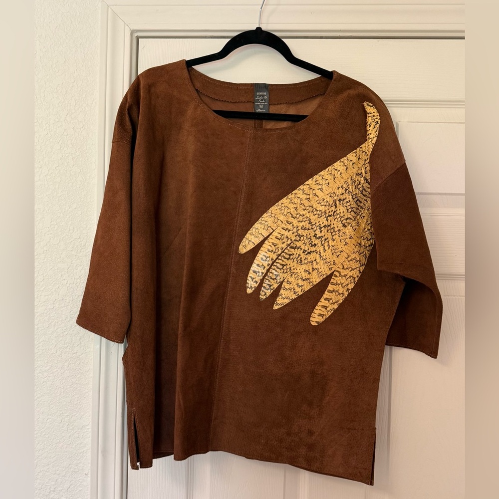 Vintage Brown Leather Top With Snake Appliqué Detail; Suede Leather